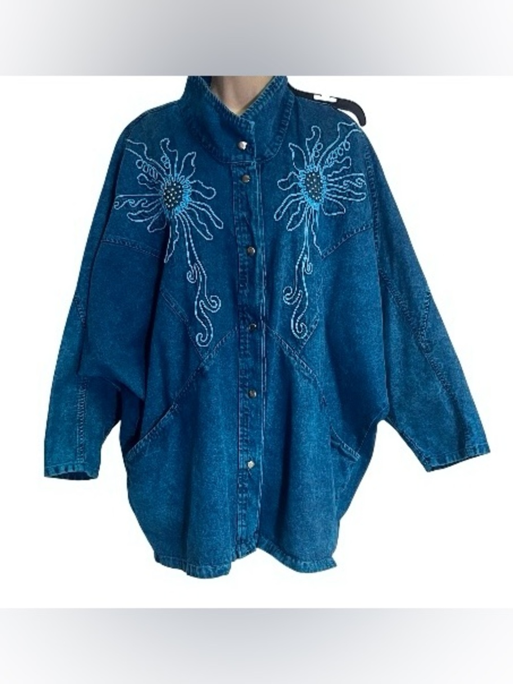 Vtg 80s Pado Cotton Denim Teal Blue Batwing Acid Wash Embroidered Snap Jacket OS